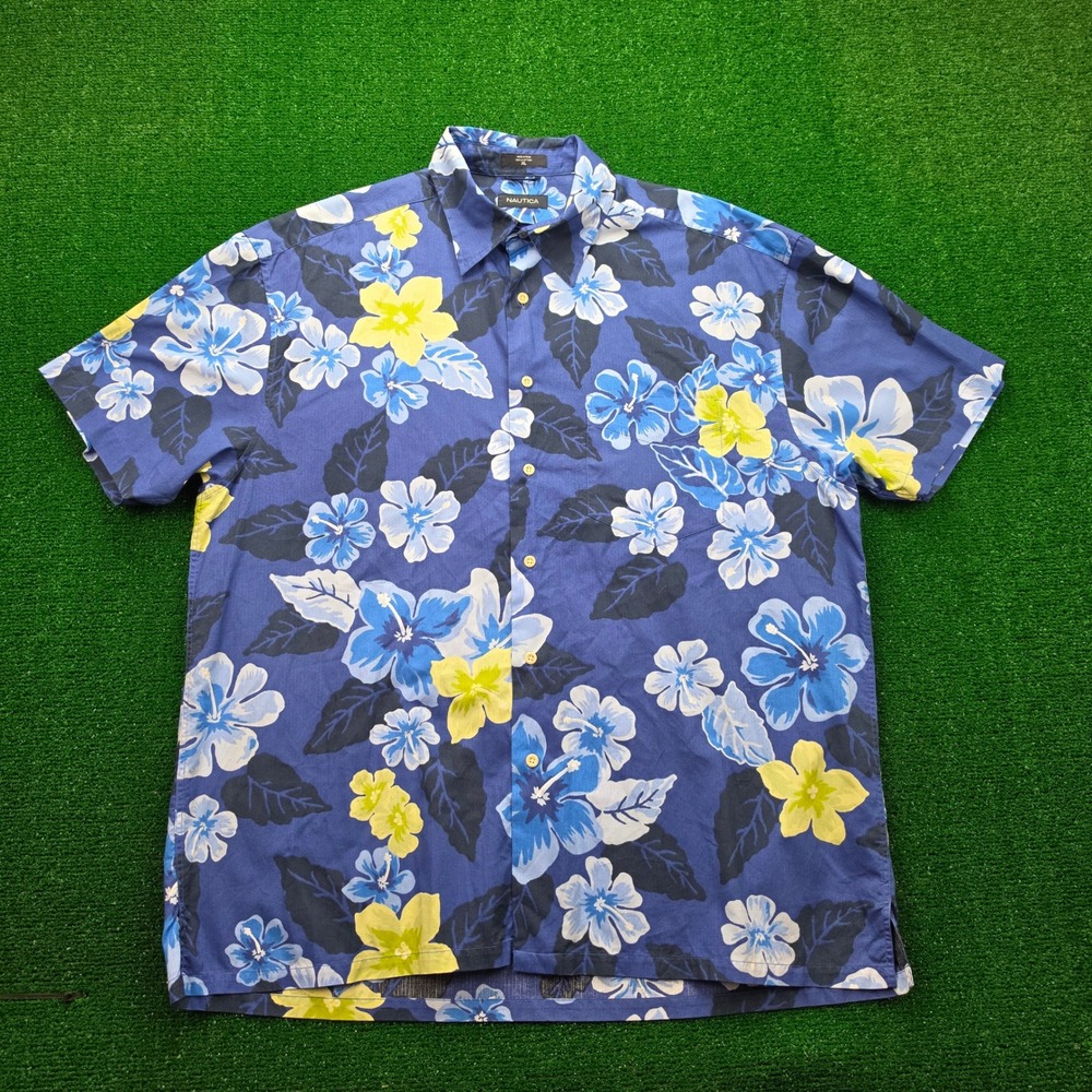 Nautica Hawaiian Shirt Mens XL Blue Tropical Hibiscus Floral Button Up Cotton